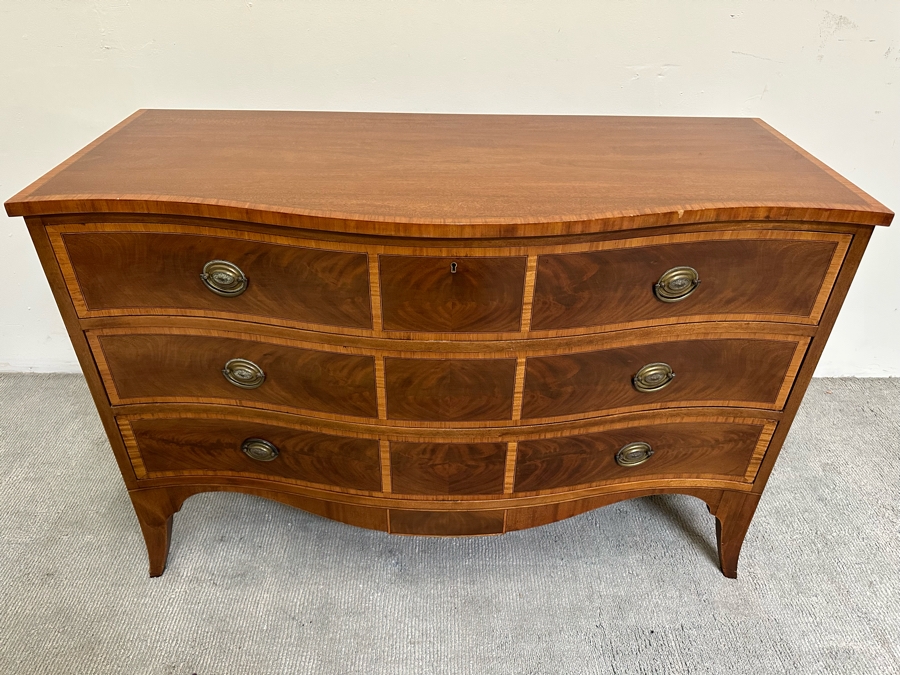 Stunning John Widdicomb Vintage 1930 Serpentine Front Inlaid Wooden Bureau 3-Drawer Chest Of Drawers Dresser Designed By Ralph H. Widdicomb 50W X 22D X 34H [Photo 4]