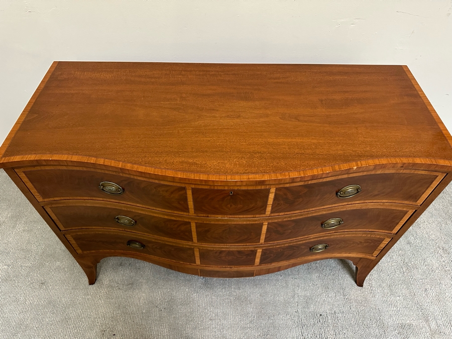 Stunning John Widdicomb Vintage 1930 Serpentine Front Inlaid Wooden Bureau 3-Drawer Chest Of Drawers Dresser Designed By Ralph H. Widdicomb 50W X 22D X 34H [Photo 6]