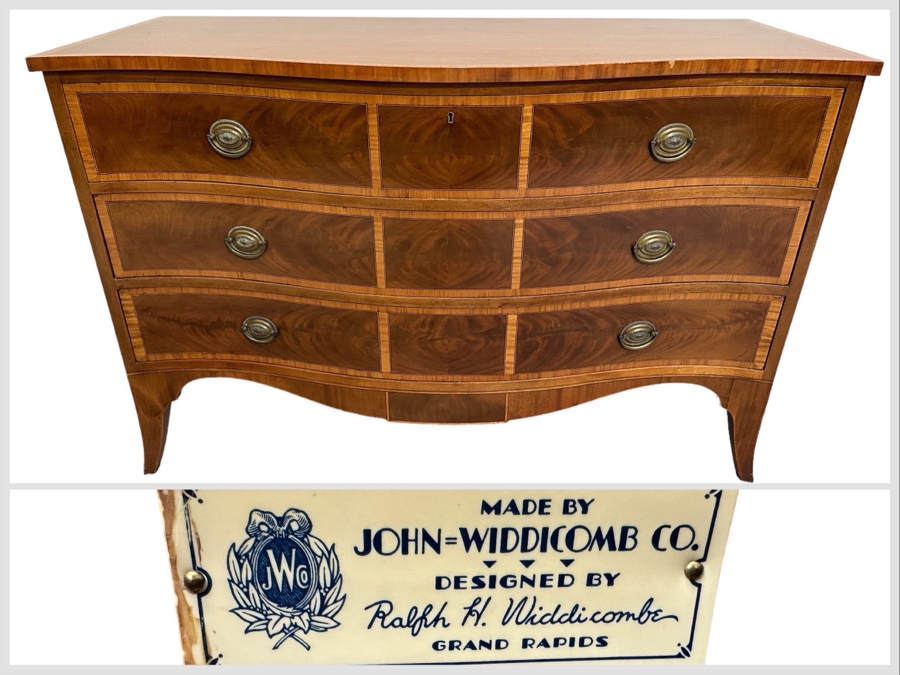 Stunning John Widdicomb Vintage 1930 Serpentine Front Inlaid Wooden Bureau 3-Drawer Chest Of Drawers Dresser Designed By Ralph H. Widdicomb 50W X 22D X 34H