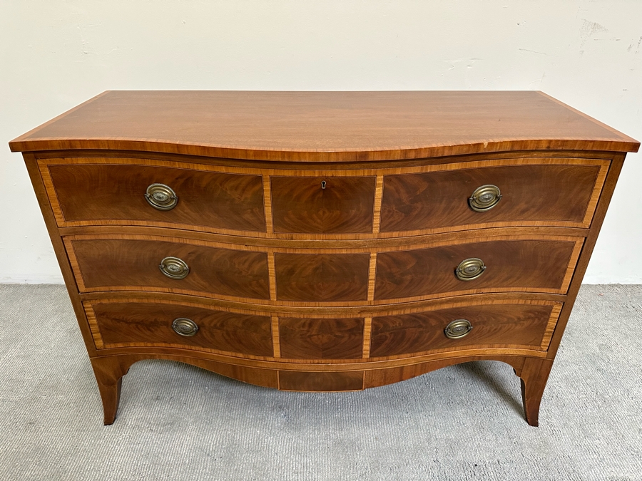 Stunning John Widdicomb Vintage 1930 Serpentine Front Inlaid Wooden Bureau 3-Drawer Chest Of Drawers Dresser Designed By Ralph H. Widdicomb 50W X 22D X 34H [Photo 15]