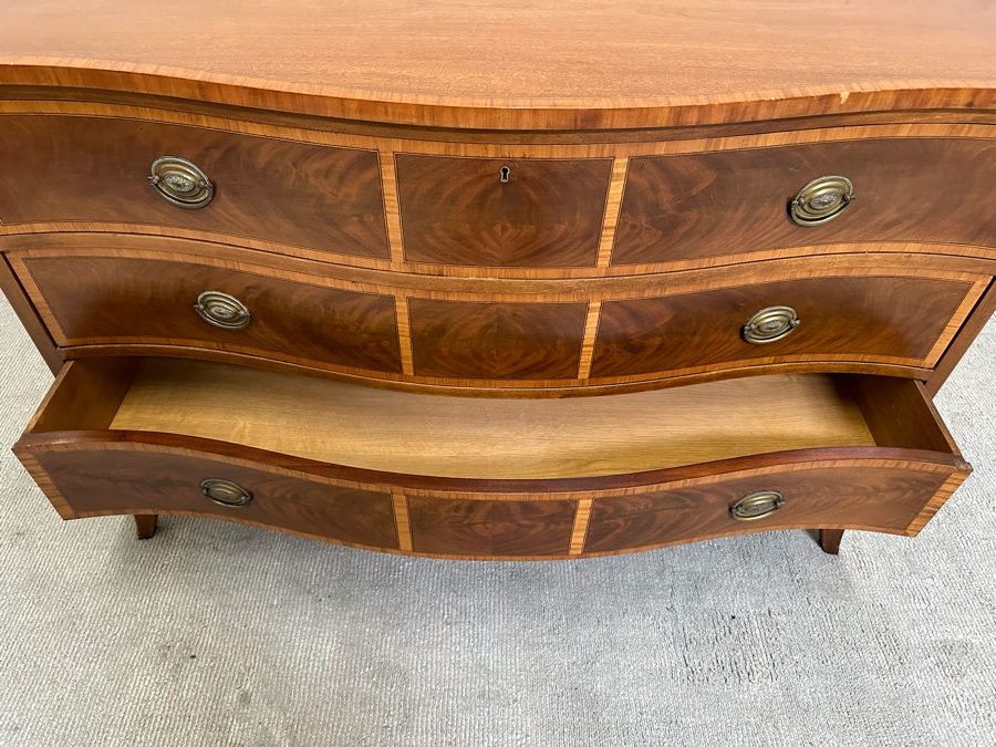 Stunning John Widdicomb Vintage 1930 Serpentine Front Inlaid Wooden Bureau 3-Drawer Chest Of Drawers Dresser Designed By Ralph H. Widdicomb 50W X 22D X 34H [Photo 13]