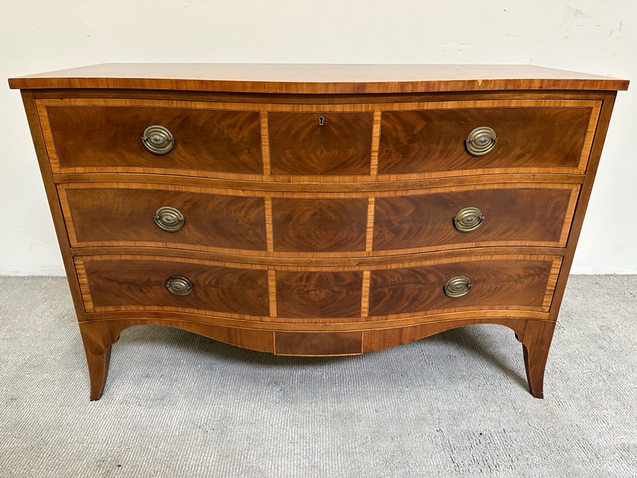 Stunning John Widdicomb Vintage 1930 Serpentine Front Inlaid Wooden Bureau 3-Drawer Chest Of Drawers Dresser Designed By Ralph H. Widdicomb 50W X 22D X 34H [Photo 5]