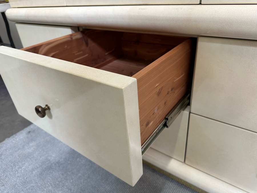 2-Piece Cedar Lined Highboy Dresser With Sliding And Fixed Shelves On Top And 6-Drawers On The Bottom With Brass Base Modern 1980's / 90's Lacquer Design Very Heavy 60W X 25D X 78H [Photo 9]