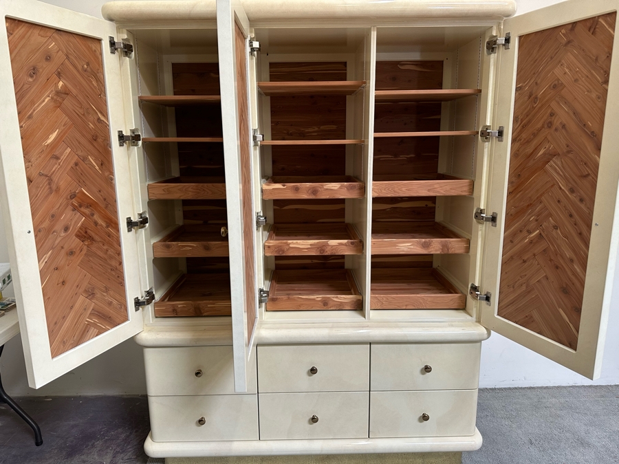 2-Piece Cedar Lined Highboy Dresser With Sliding And Fixed Shelves On Top And 6-Drawers On The Bottom With Brass Base Modern 1980's / 90's Lacquer Design Very Heavy 60W X 25D X 78H [Photo 3]