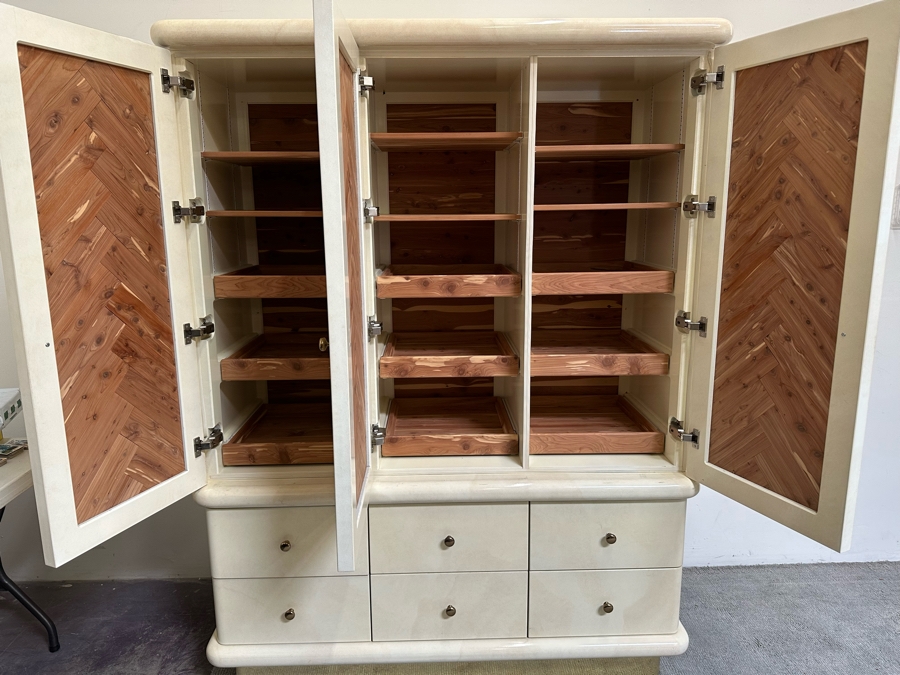 2-Piece Cedar Lined Highboy Dresser With Sliding And Fixed Shelves On Top And 6-Drawers On The Bottom With Brass Base Modern 1980's / 90's Lacquer Design Very Heavy 60W X 25D X 78H [Photo 1]