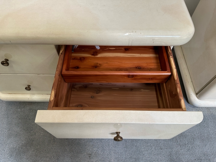 Pair Of Cedar Lined Nightstands With Lighting On Brass Base Modern 1980's / 90's Lacquer Design Very Heavy 41W X 23D X 28H [Photo 10]