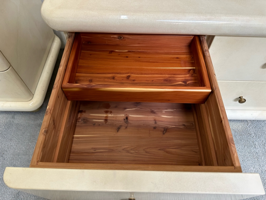 Pair Of Cedar Lined Nightstands With Lighting On Brass Base Modern 1980's / 90's Lacquer Design Very Heavy 41W X 23D X 28H [Photo 7]