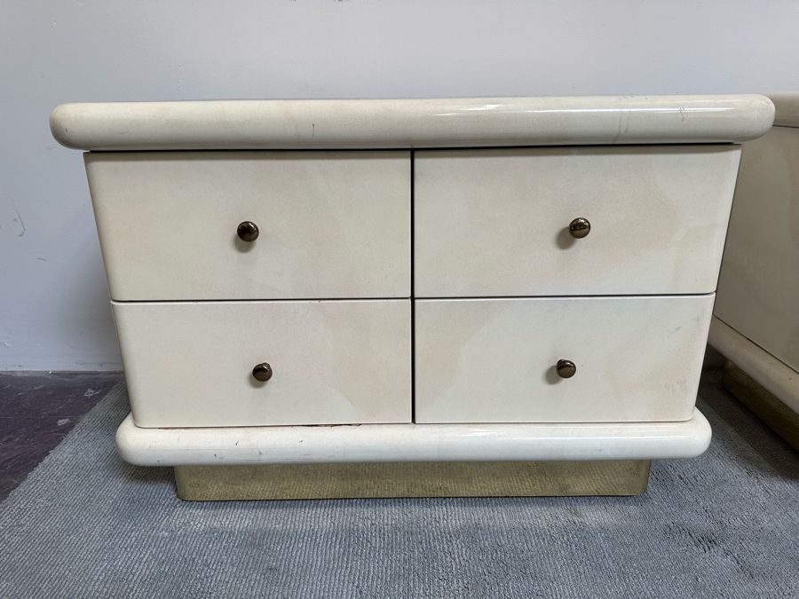 Pair Of Cedar Lined Nightstands With Lighting On Brass Base Modern 1980's / 90's Lacquer Design Very Heavy 41W X 23D X 28H [Photo 4]