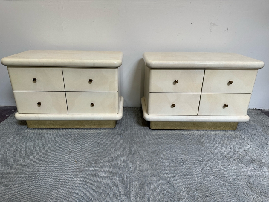 Pair Of Cedar Lined Nightstands With Lighting On Brass Base Modern 1980's / 90's Lacquer Design Very Heavy 41W X 23D X 28H [Photo 3]