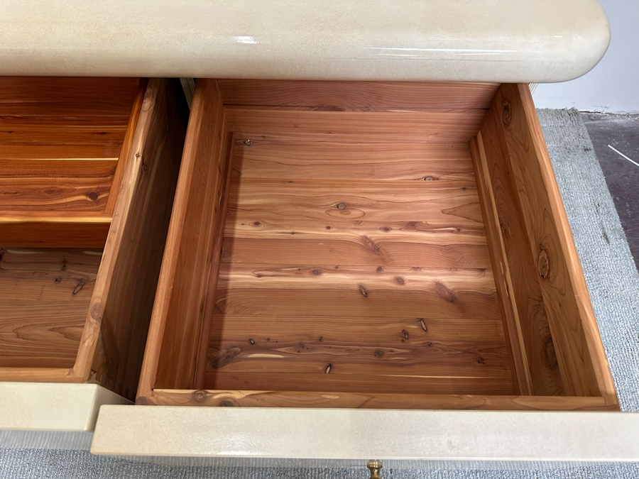 Pair Of Cedar Lined Nightstands With Lighting On Brass Base Modern 1980's / 90's Lacquer Design Very Heavy 41W X 23D X 28H [Photo 8]