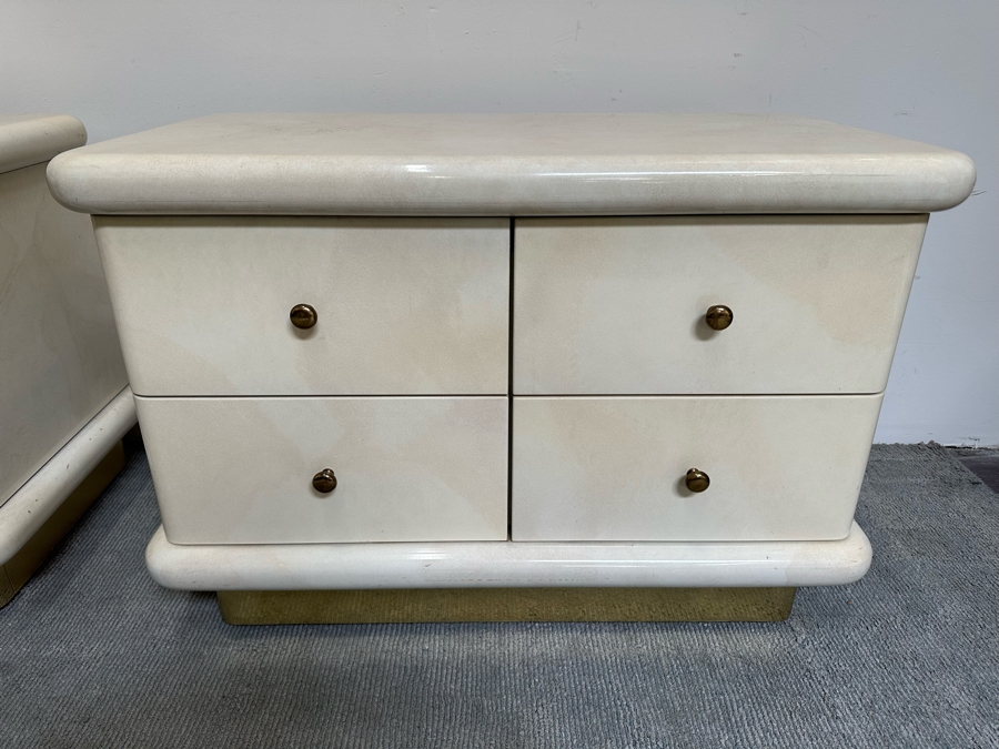 Pair Of Cedar Lined Nightstands With Lighting On Brass Base Modern 1980's / 90's Lacquer Design Very Heavy 41W X 23D X 28H [Photo 5]