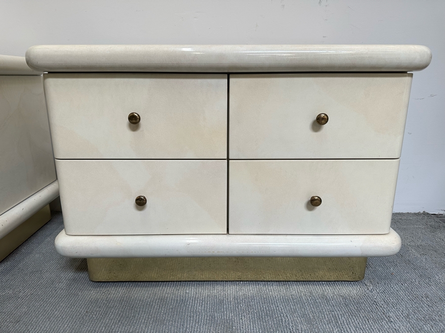 Pair Of Cedar Lined Nightstands With Lighting On Brass Base Modern 1980's / 90's Lacquer Design Very Heavy 41W X 23D X 28H [Photo 6]