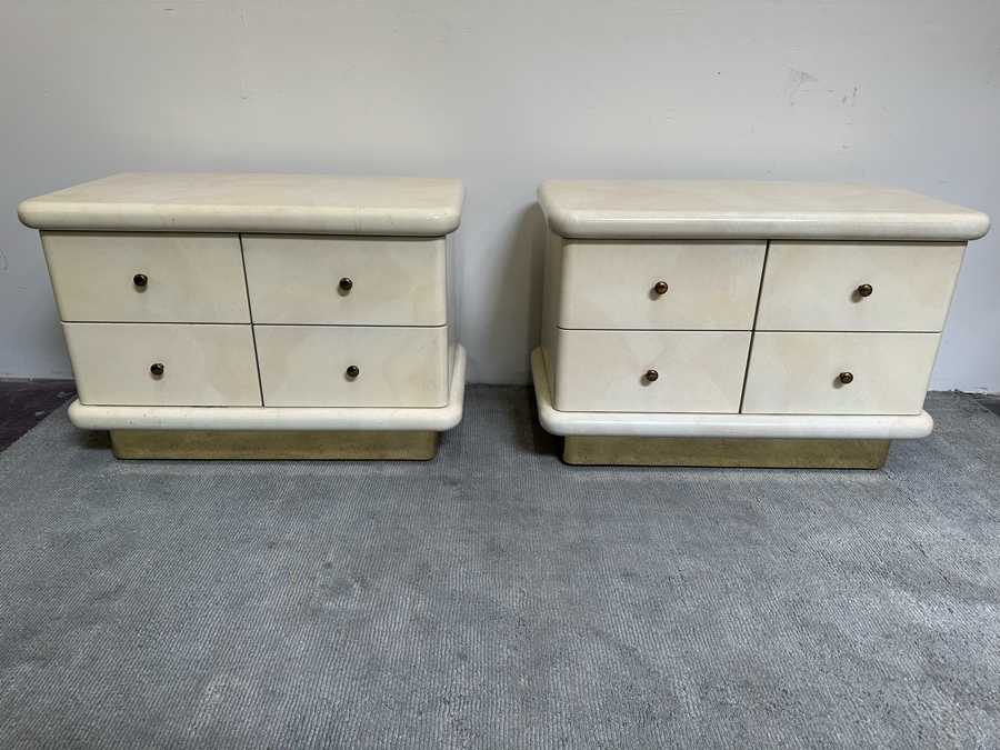 Pair Of Cedar Lined Nightstands With Lighting On Brass Base Modern 1980's / 90's Lacquer Design Very Heavy 41W X 23D X 28H [Photo 2]