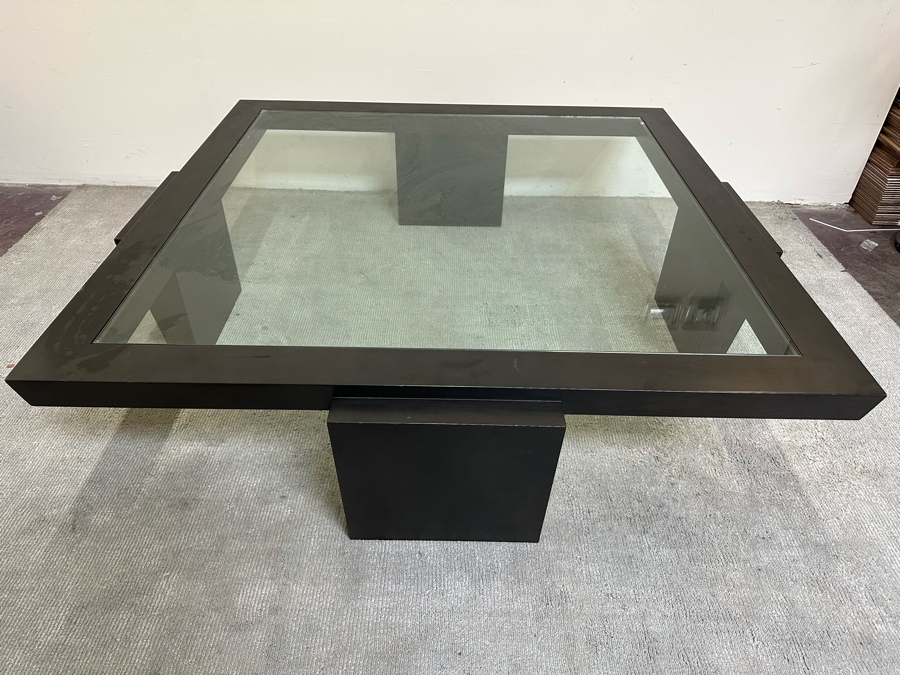 Large Contemporary Black Modernist Coffee Table With Inset Glass Top 62.5W X 62.5D X 18H [Photo 2]