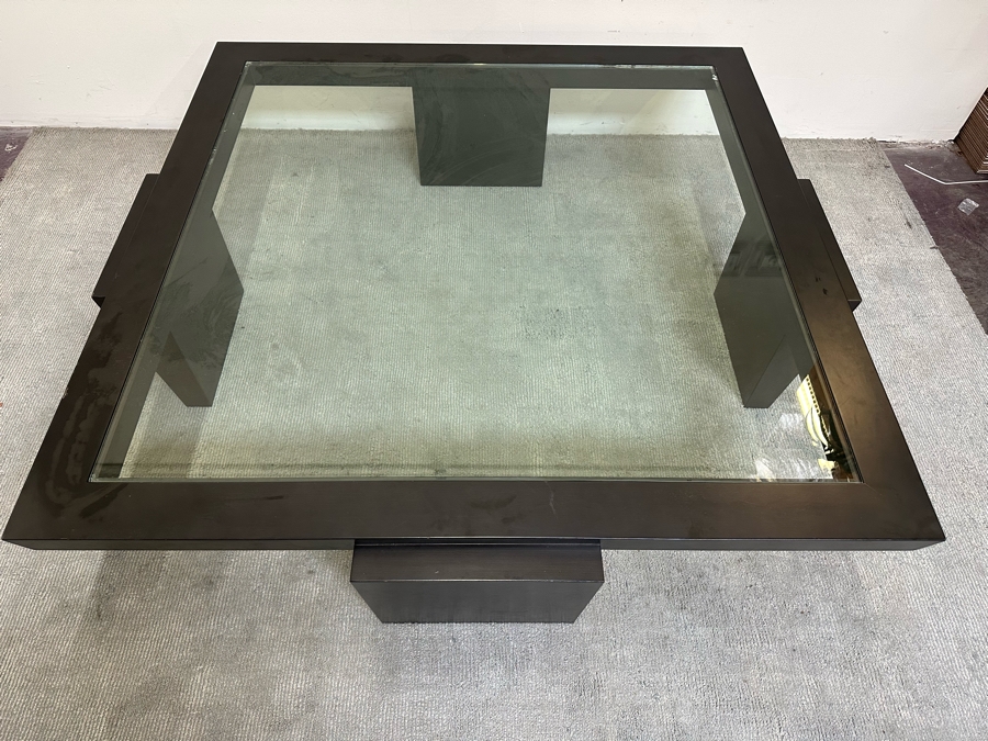 Large Contemporary Black Modernist Coffee Table With Inset Glass Top 62.5W X 62.5D X 18H [Photo 4]