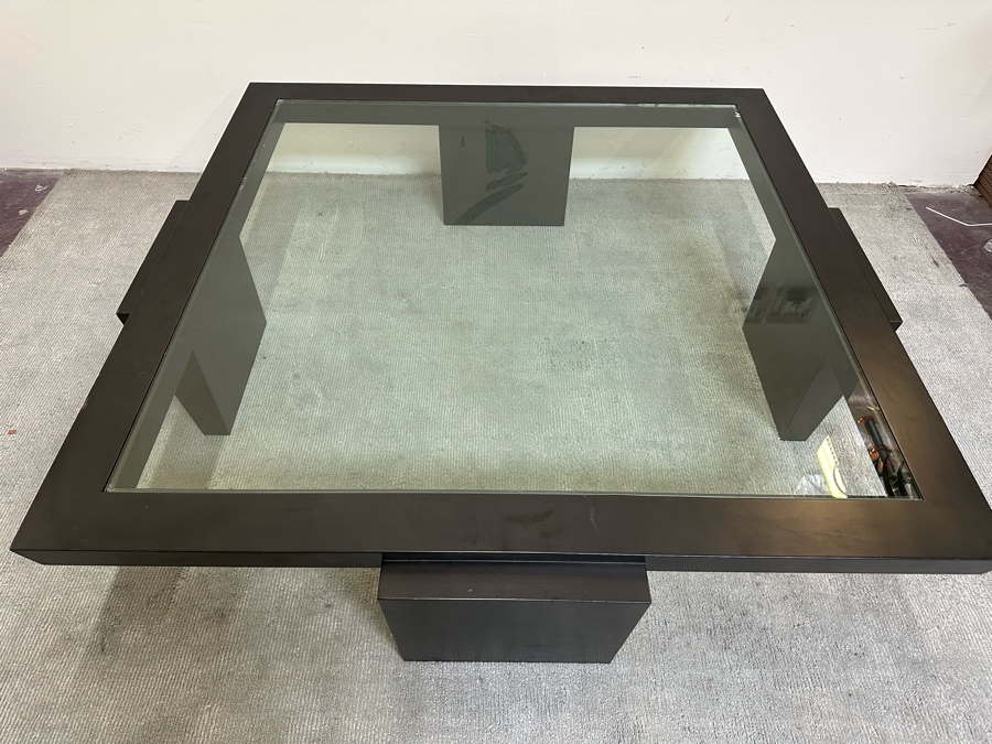 Large Contemporary Black Modernist Coffee Table With Inset Glass Top 62.5W X 62.5D X 18H [Photo 10]
