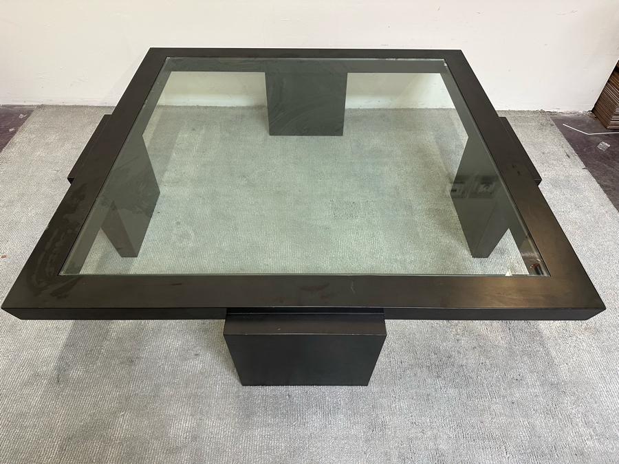 Large Contemporary Black Modernist Coffee Table With Inset Glass Top 62.5W X 62.5D X 18H [Photo 3]