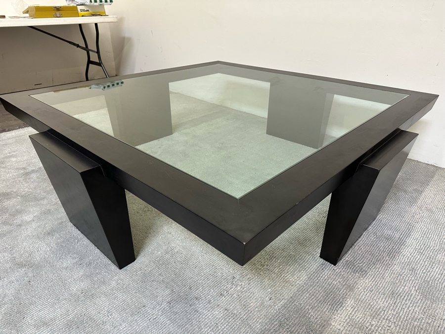 Large Contemporary Black Modernist Coffee Table With Inset Glass Top 62.5W X 62.5D X 18H [Photo 9]
