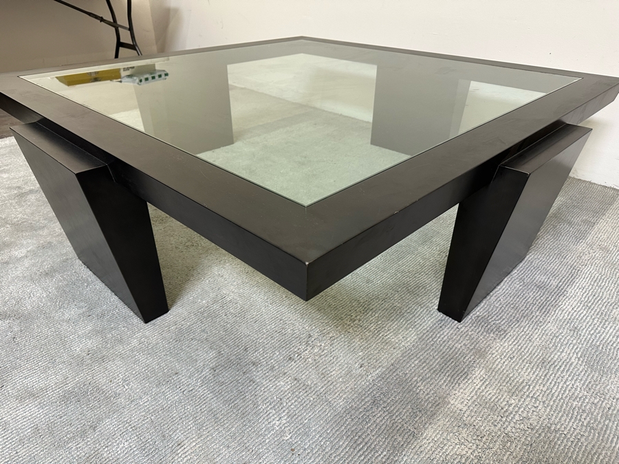 Large Contemporary Black Modernist Coffee Table With Inset Glass Top 62.5W X 62.5D X 18H [Photo 6]