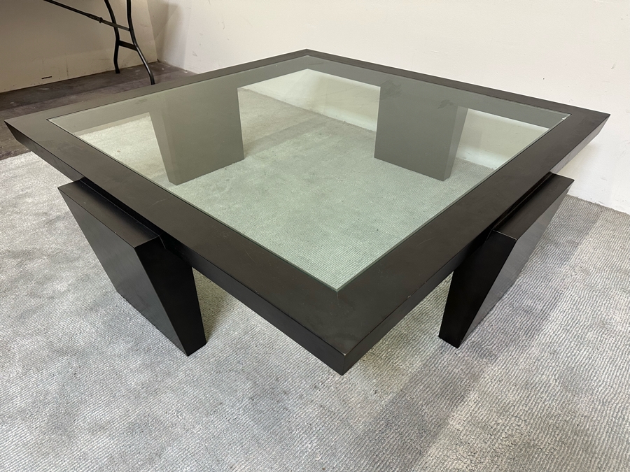 Large Contemporary Black Modernist Coffee Table With Inset Glass Top 62.5W X 62.5D X 18H [Photo 8]