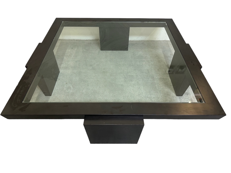 Large Contemporary Black Modernist Coffee Table With Inset Glass Top 62.5W X 62.5D X 18H [Photo 1]