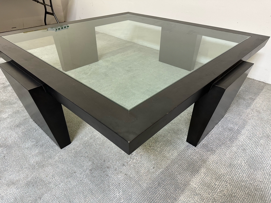 Large Contemporary Black Modernist Coffee Table With Inset Glass Top 62.5W X 62.5D X 18H [Photo 7]