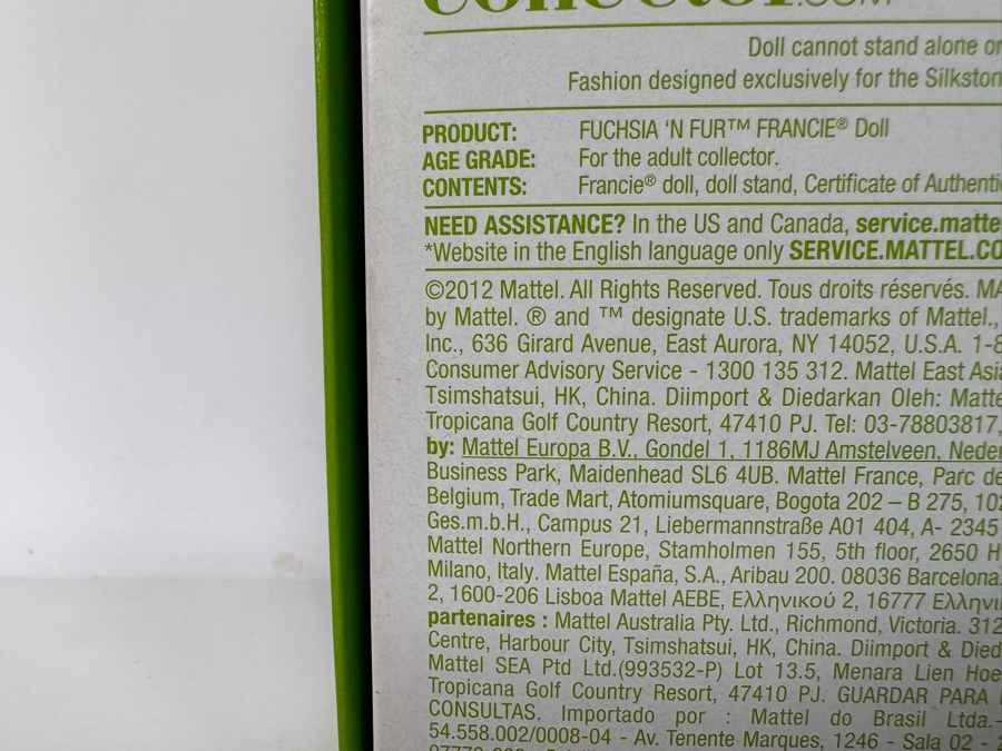 Fushsia 'N Fur Francie Limited Edition Of 4,000 Gold Label Collection Genuine Silkstone Body Mattel Barbie Doll 2012 New In Box W3517 [Photo 12]