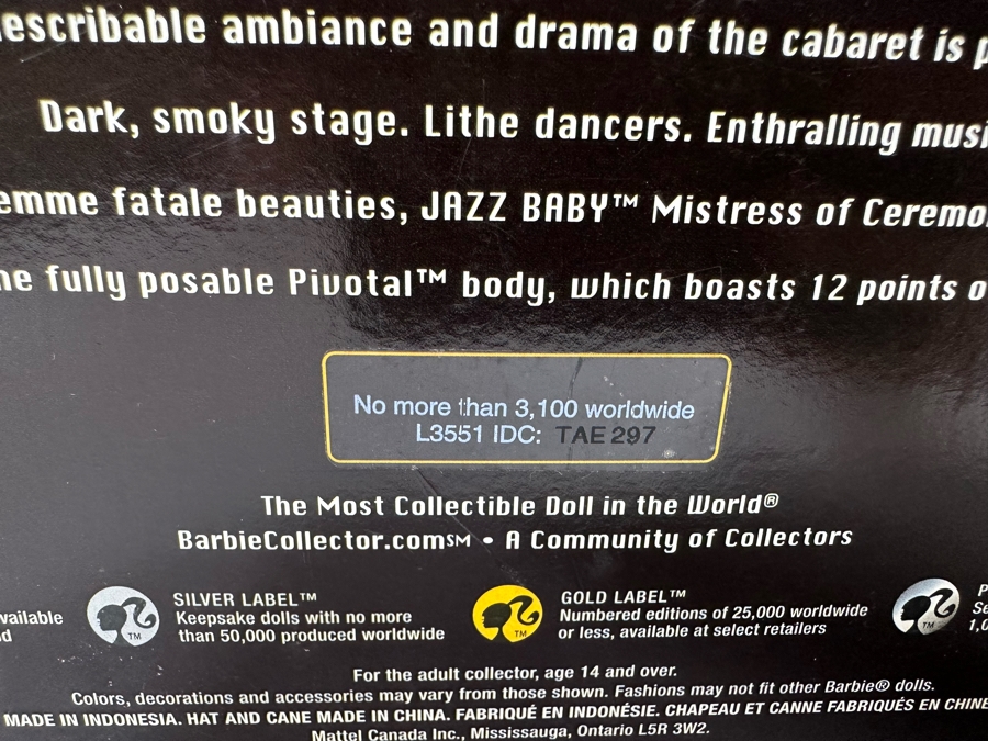 Jazz Baby Mistress of Ceremonies Limited Edition of 3,100 Gold Label Collection Mattel Barbie Doll 2007 New In Box L3551 [Photo 9]