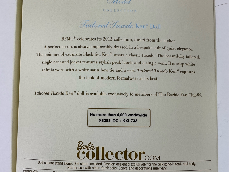 Fashion Model Collection Tailored Tuxedo Ken Genuine Silkstone Body Limited Edition of 4,000 Gold Label Collection Mattel Barbie Doll 2013 New In Box X8283 [Photo 11]
