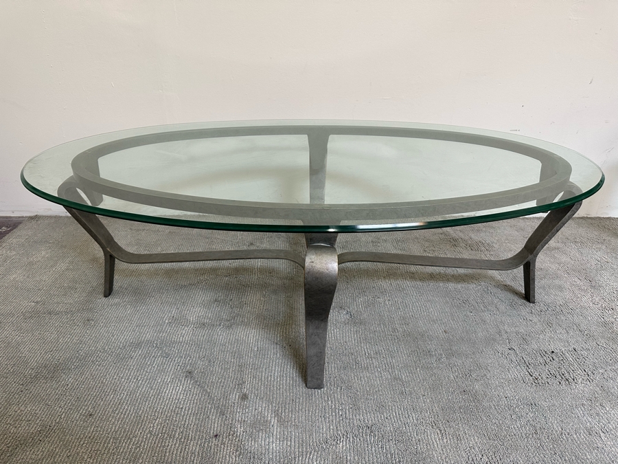 Oval Beveled Glass Coffee Table With Metal Base 58W X 34.5D X 19.5H [Photo 3]
