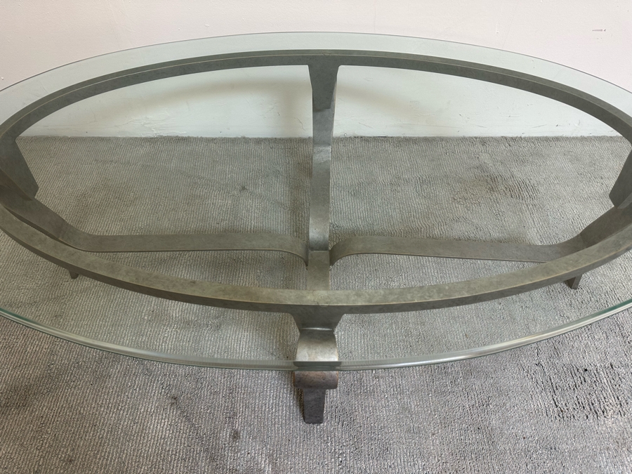 Oval Beveled Glass Coffee Table With Metal Base 58W X 34.5D X 19.5H [Photo 5]