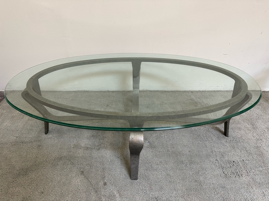 Oval Beveled Glass Coffee Table With Metal Base 58W X 34.5D X 19.5H [Photo 1]