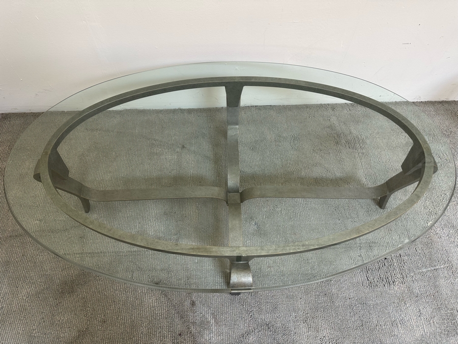 Oval Beveled Glass Coffee Table With Metal Base 58W X 34.5D X 19.5H [Photo 4]