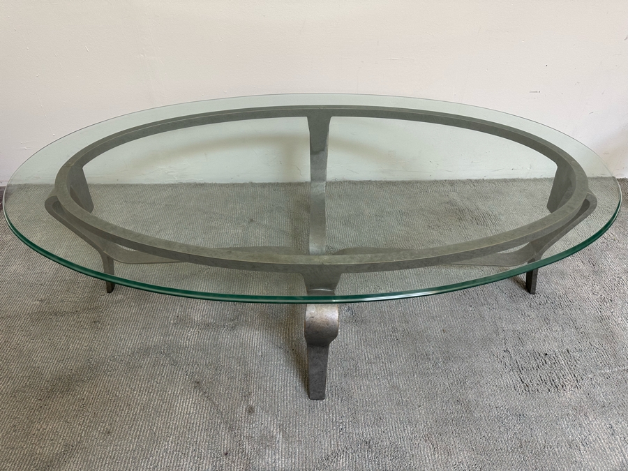 Oval Beveled Glass Coffee Table With Metal Base 58W X 34.5D X 19.5H [Photo 2]