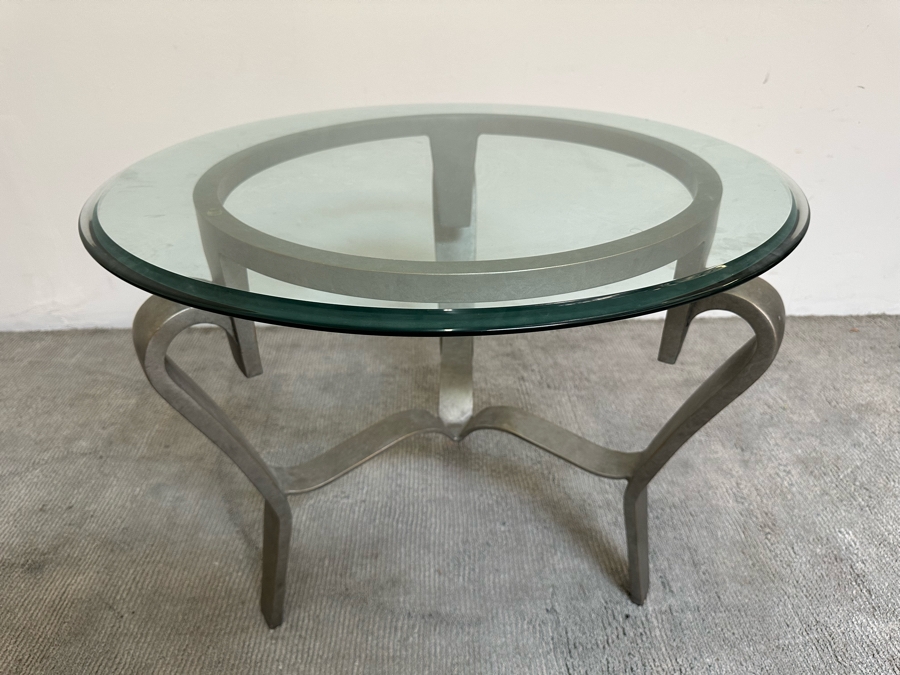 Pair Of Round Beveled Glass Side Tables With Metal Bases 30R X 23.5H [Photo 2]