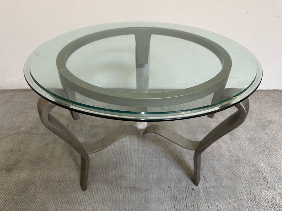 Pair Of Round Beveled Glass Side Tables With Metal Bases 30R X 23.5H [Photo 1]