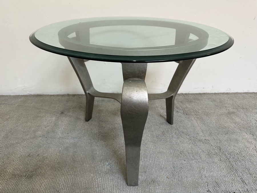Pair Of Round Beveled Glass Side Tables With Metal Bases 30R X 23.5H [Photo 3]