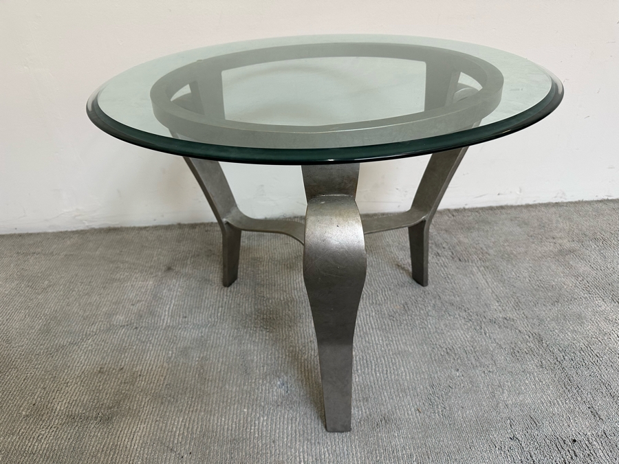 Pair Of Round Beveled Glass Side Tables With Metal Bases 30R X 23.5H [Photo 5]
