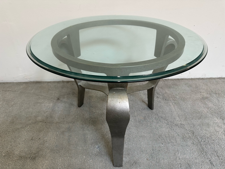 Pair Of Round Beveled Glass Side Tables With Metal Bases 30R X 23.5H [Photo 4]