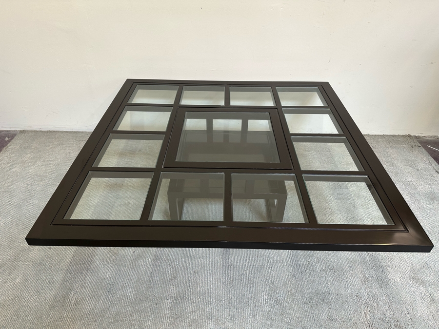 Contemporary Black Lacquer Geometric Coffee Table With Inset Glass Squares 53.5W X 53.5D X 18H [Photo 4]