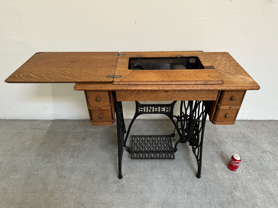 Antique Singer Treadle Sewing Machine With Tiger Oak Cabinet Missing Belt 36W X 18D X 30H [Photo 8]