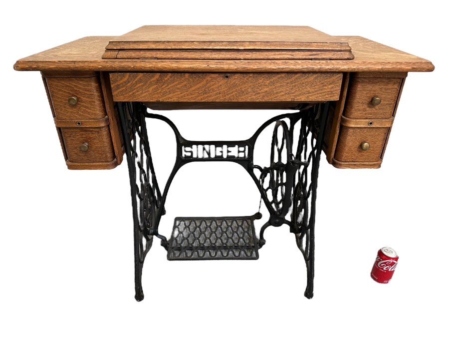 Antique Singer Treadle Sewing Machine With Tiger Oak Cabinet Missing Belt 36W X 18D X 30H [Photo 2]