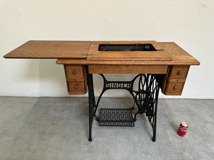 Antique Singer Treadle Sewing Machine With Tiger Oak Cabinet Missing Belt 36W X 18D X 30H [Photo 7]