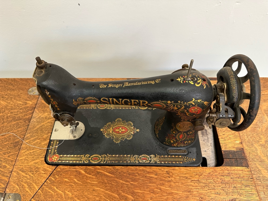 Antique Singer Treadle Sewing Machine With Tiger Oak Cabinet Missing Belt 36W X 18D X 30H [Photo 13]