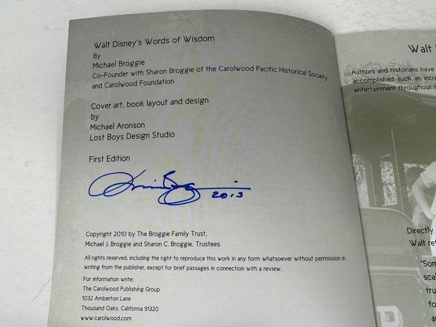 Walt Disney’s “Words of Wisdom” Autographed Book Signed by Michael Broggie ISBN 978-0-578-02345-8 [Photo 5]