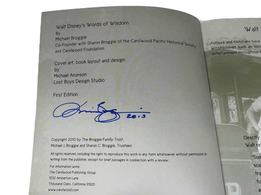 Walt Disney’s “Words of Wisdom” Autographed Book Signed by Michael Broggie ISBN 978-0-578-02345-8 [Photo 3]