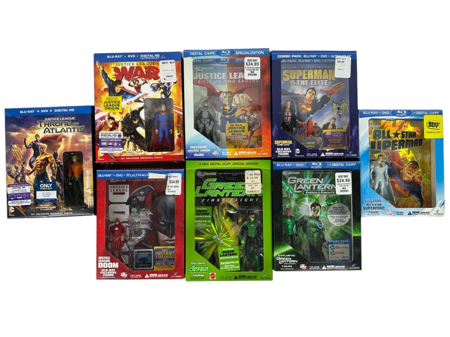 Blu-Ray DVD Combo Lot with Many Action Figures Including: Justice League, Green Lantern and Superman Movies [Photo 1]