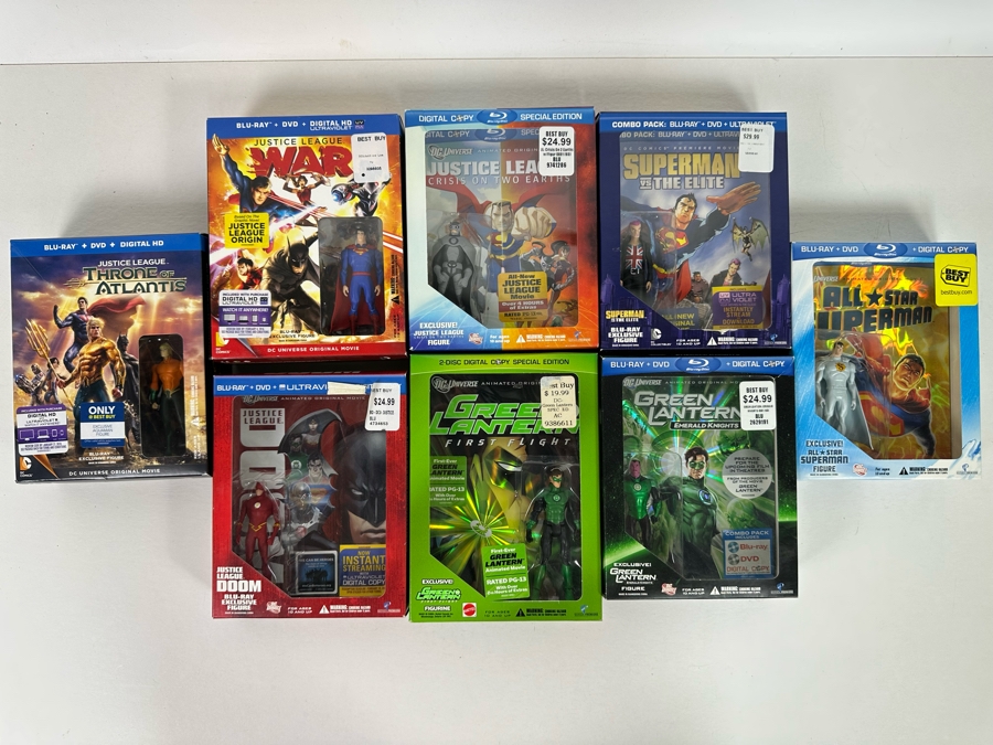 Blu-Ray DVD Combo Lot with Many Action Figures Including: Justice League, Green Lantern and Superman Movies [Photo 2]