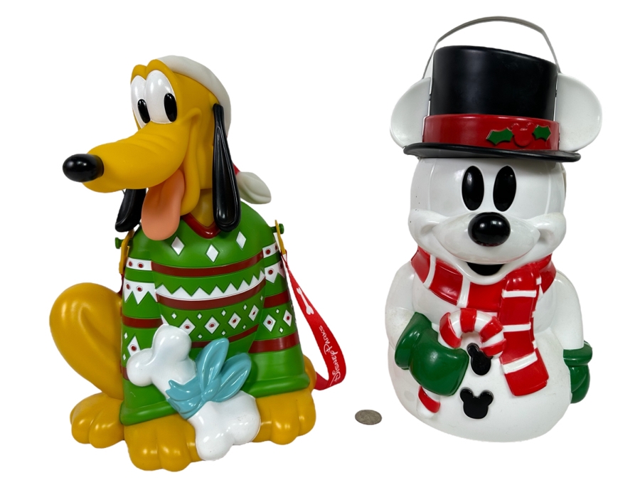 Pluto Holiday and Winter Fun Popcorn Bucket and Mickey Mouse Snowman Popcorn Bucket (Handle Broken) 12H [Photo 1]
