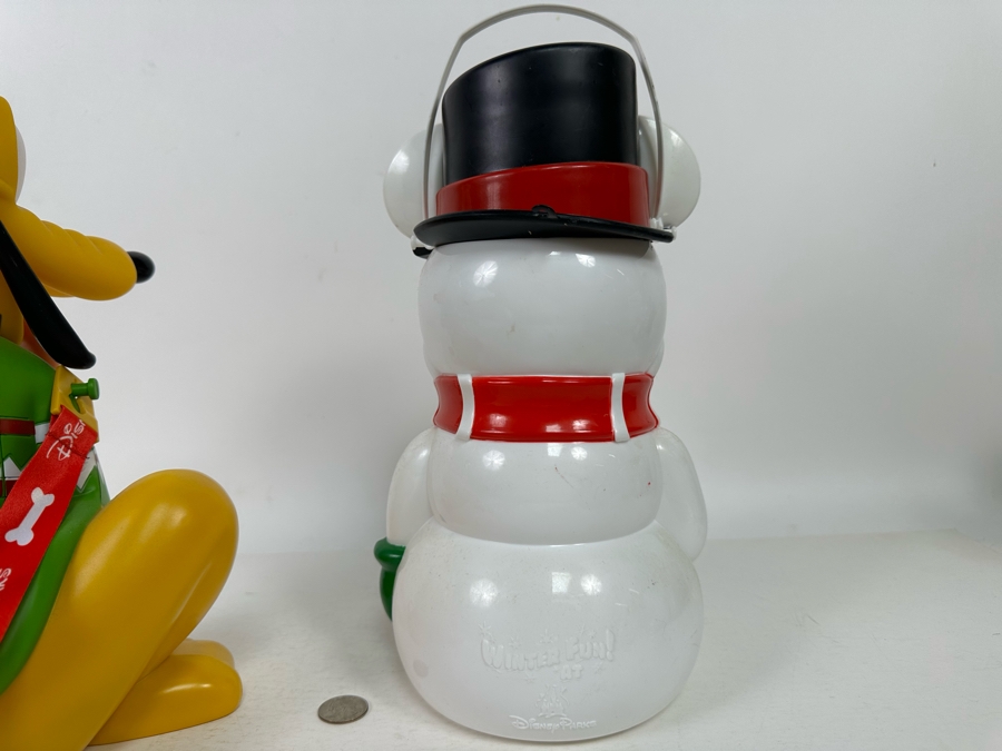 Pluto Holiday and Winter Fun Popcorn Bucket and Mickey Mouse Snowman Popcorn Bucket (Handle Broken) 12H [Photo 7]